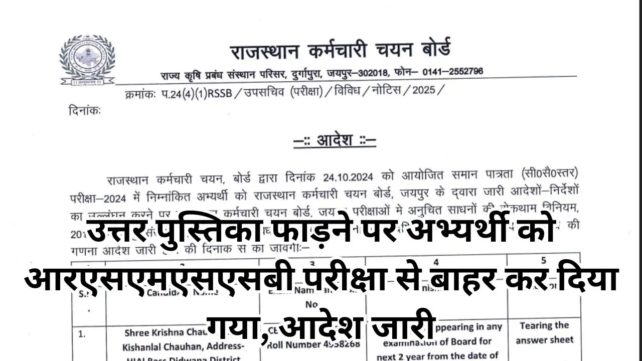 Candidate Debarred: उत्तर पुस्तिका फाड़ने पर अभ्यर्थी को आरएसएमएसएसबी परीक्षा से बाहर कर दिया गया, आदेश जारी