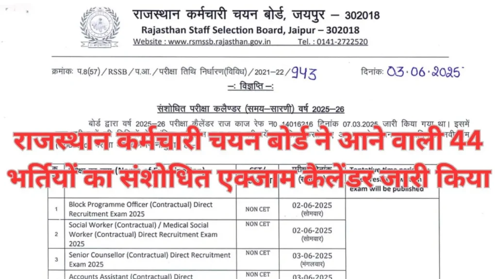 RSSB Revised Exam Calendar Declared : राजस्थान कर्मचारी चयन बोर्ड ने आने वाली 44 भर्तियों का संशोधित एक्जाम कैलेंडर जारी किया