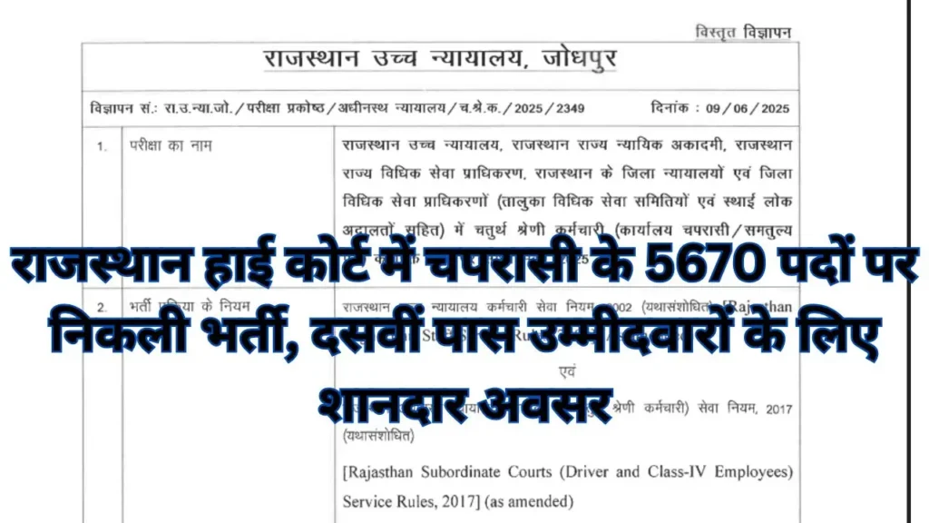 Rajasthan High Court Chaprasi Vacancy : राजस्थान हाई कोर्ट में चपरासी के 5670 पदों पर निकली भर्ती, दसवीं पास उम्मीदवारों के लिए शानदार अवसर